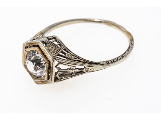 14k White Gold Pretty Vintage White Sapphire Filigree Solitaire Ring, Size 7.25