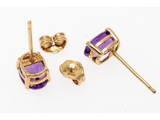14K Yellow Gold Pretty Oval Faceted Amethyst Stud Earrings