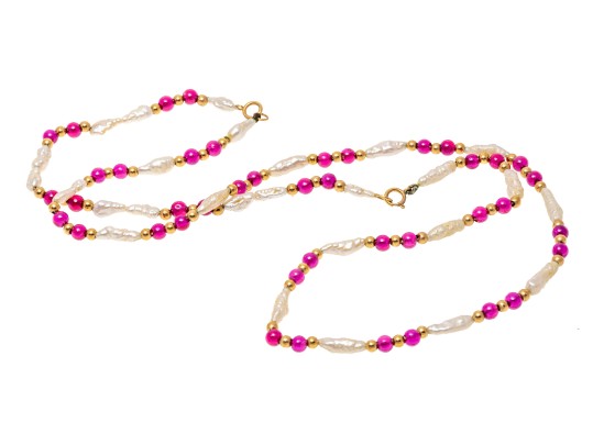 Strung Necklace And Bracelet Set, Keshi Pearls With Ruby And 14K Beads