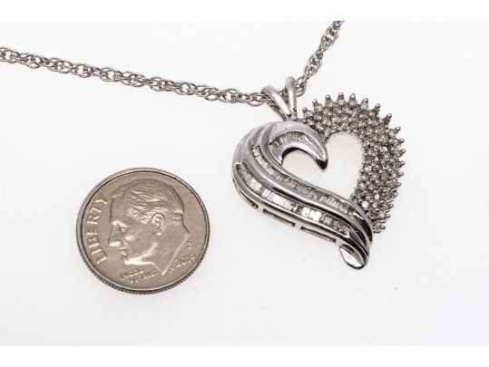 14k White Gold And Diamond Heart Pendant Necklace