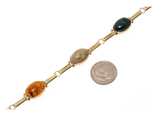 Stunning 14K And Carved Hardstone Scarab Bracelet