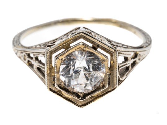 14k White Gold Pretty Vintage White Sapphire Filigree Solitaire Ring, Size 7.25