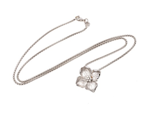 Dogwood Flower 14K White Gold And Diamond Cluster Pendant Necklace