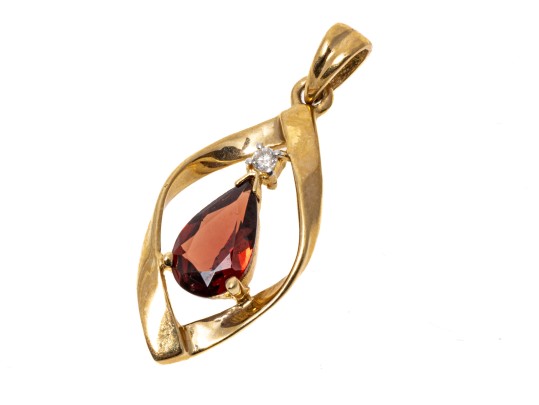 14k Yellow Gold Lovely Pear Garnet And Diamond Topped Swirl Pendant