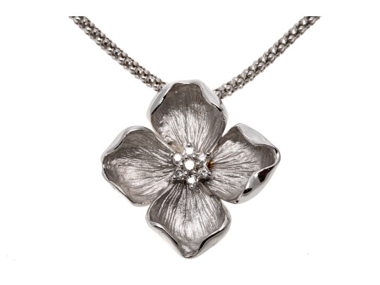 Dogwood Flower 14K White Gold And Diamond Cluster Pendant Necklace