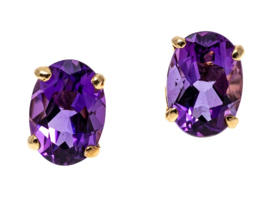 14K Yellow Gold Pretty Oval Faceted Amethyst Stud Earrings