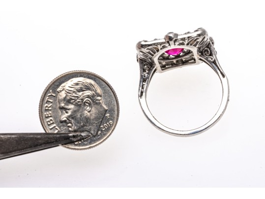 Platinum Vintage Old European Diamond And Synthetic Pink Sapphire Ring, Size 7+