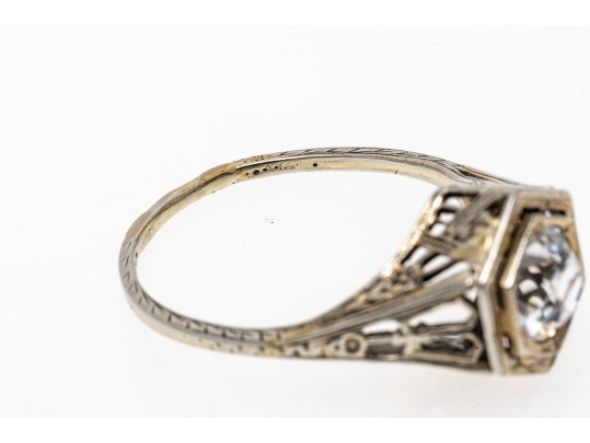14k White Gold Pretty Vintage White Sapphire Filigree Solitaire Ring, Size 7.25