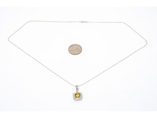 18k Gold Pretty Ornate Yellow Sapphire And Diamond Halo Pendant, With Chain
