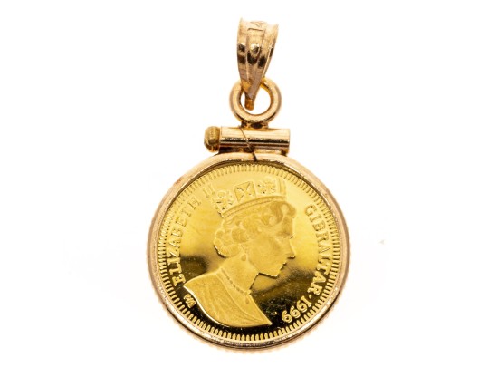 14k Yellow Gold Tasteful Gibralter 1/25 Oz Queen Elizabeth II/Cherub Coin Pendant
