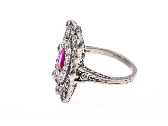 Platinum Vintage Old European Diamond And Synthetic Pink Sapphire Ring, Size 7+