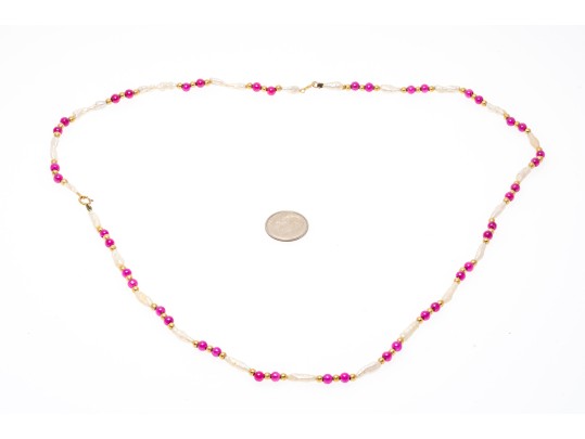 Strung Necklace And Bracelet Set, Keshi Pearls With Ruby And 14K Beads