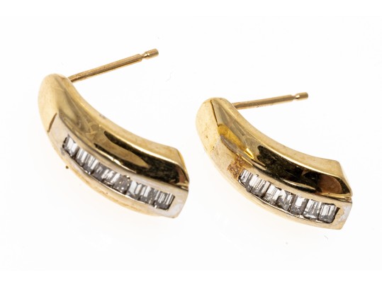 14k Yellow Gold Contemporary Baguette Diamond Channel Set Earrings, App. 0.18 TCW