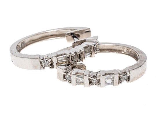 14k White Gold Handsome Baguette And Round Diamond Hoop Earrings, App. 0.17 TCW