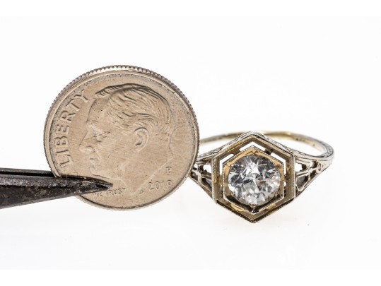 14k White Gold Pretty Vintage White Sapphire Filigree Solitaire Ring, Size 7.25