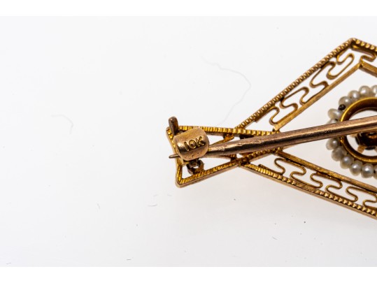 10k Yellow Gold Lovely Antique Seed Pearl And Diamond Filigre Brooch, App. 0.02 TCW