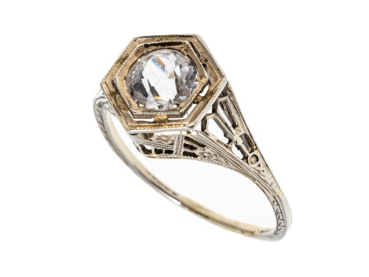 14k White Gold Pretty Vintage White Sapphire Filigree Solitaire Ring, Size 7.25