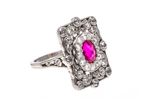 Platinum Vintage Old European Diamond And Synthetic Pink Sapphire Ring, Size 7+