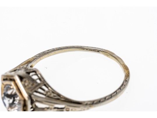 14k White Gold Pretty Vintage White Sapphire Filigree Solitaire Ring, Size 7.25