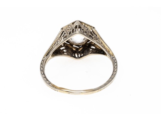 14k White Gold Pretty Vintage White Sapphire Filigree Solitaire Ring, Size 7.25