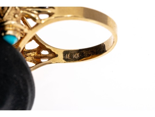 14K Yellow Gold Greek Revival Gold Liberty 1/20 $5 Coin Ring With Cabachon Turquoise, Ring Size 10