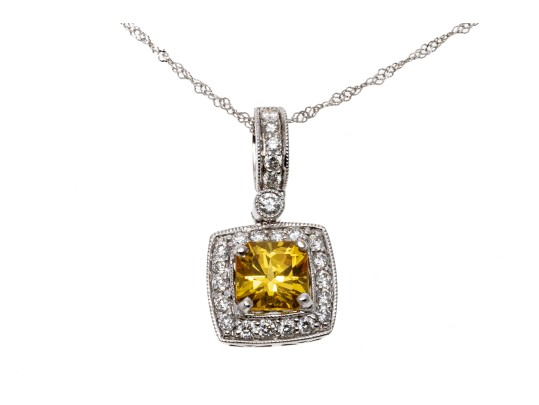 18k Gold Pretty Ornate Yellow Sapphire And Diamond Halo Pendant, With Chain