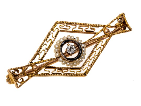 10k Yellow Gold Lovely Antique Seed Pearl And Diamond Filigre Brooch, App. 0.02 TCW