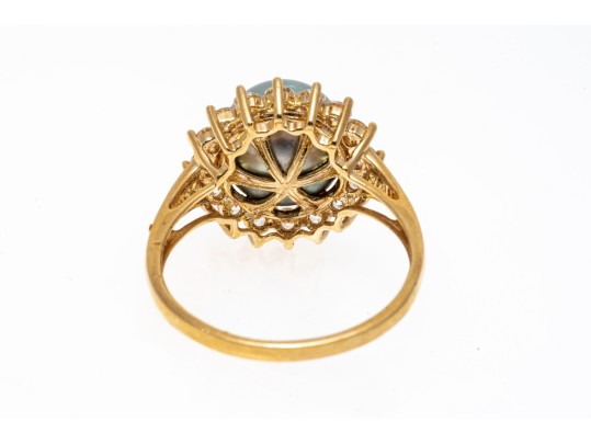 14k Yellow Gold Striking Grey Cultured Freshwater Pearl And CZ Halo Ring, Size 8