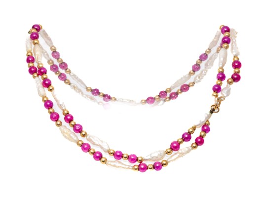 Strung Necklace And Bracelet Set, Keshi Pearls With Ruby And 14K Beads