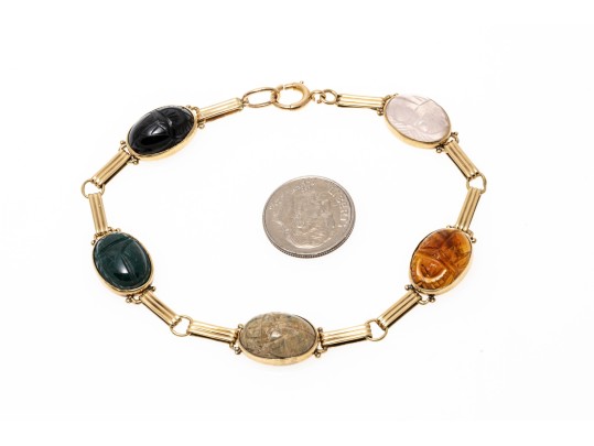 Stunning 14K And Carved Hardstone Scarab Bracelet