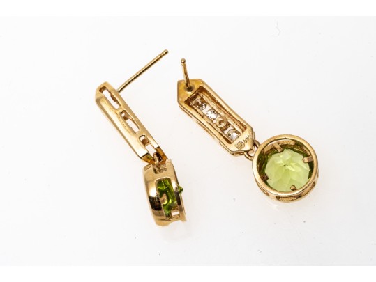 14K Yellow Gold Contemporary Peridot And Diamond Drop Earrings
