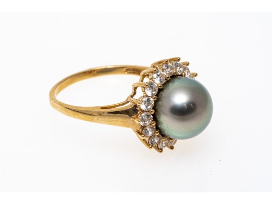 14k Yellow Gold Striking Grey Cultured Freshwater Pearl And CZ Halo Ring, Size 8