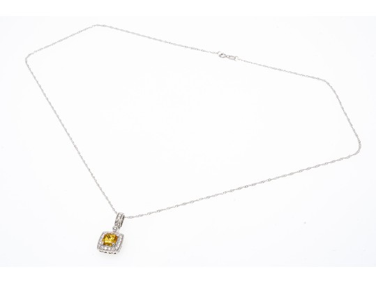 18k Gold Pretty Ornate Yellow Sapphire And Diamond Halo Pendant, With Chain