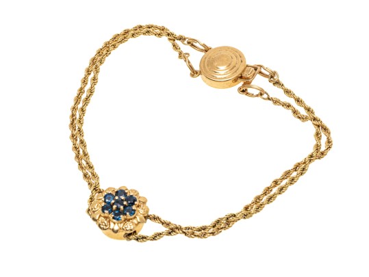 14k Yellow Gold Retro Style Rope Slide Bracelet, With Sapphire Cluster Slide, App. 0.59 TCW