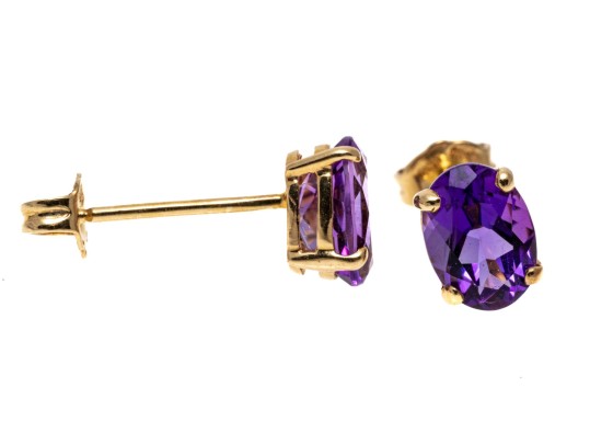 14K Yellow Gold Pretty Oval Faceted Amethyst Stud Earrings