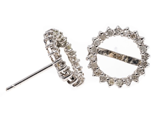 14k White Gold Simple Diamond Halo Pearl Or Bead Earring Semi Mount, App. 0.20 TCW