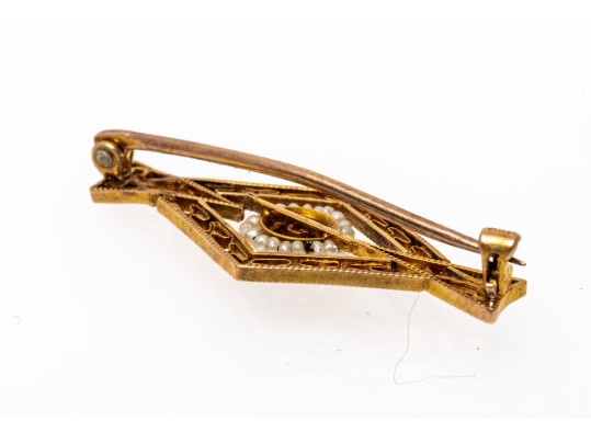 10k Yellow Gold Lovely Antique Seed Pearl And Diamond Filigre Brooch, App. 0.02 TCW