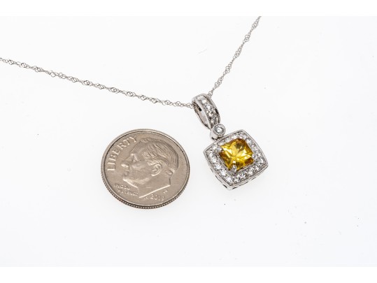 18k Gold Pretty Ornate Yellow Sapphire And Diamond Halo Pendant, With Chain