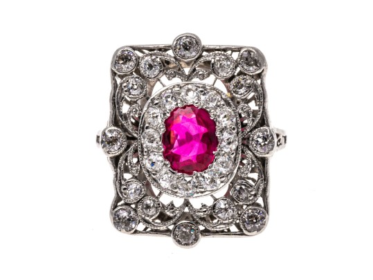 Platinum Vintage Old European Diamond And Synthetic Pink Sapphire Ring, Size 7+