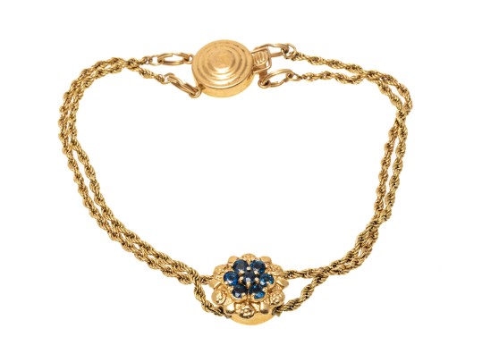 14k Yellow Gold Retro Style Rope Slide Bracelet, With Sapphire Cluster Slide, App. 0.59 TCW