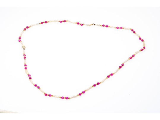 Strung Necklace And Bracelet Set, Keshi Pearls With Ruby And 14K Beads