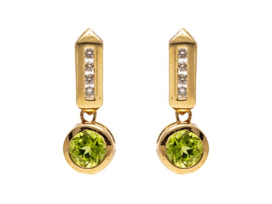 14K Yellow Gold Contemporary Peridot And Diamond Drop Earrings