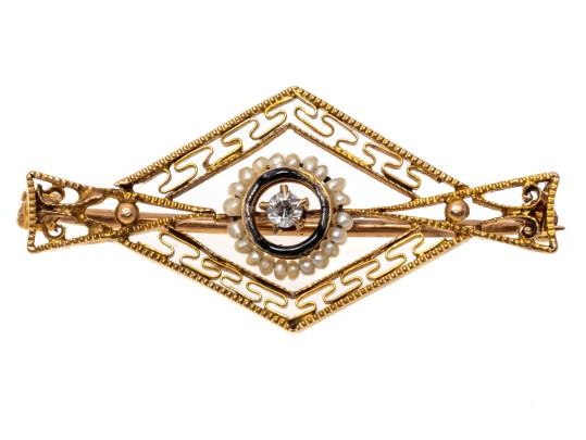 10k Yellow Gold Lovely Antique Seed Pearl And Diamond Filigre Brooch, App. 0.02 TCW