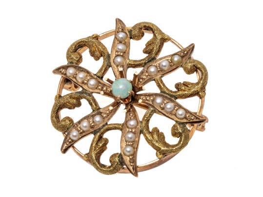10k Yellow Gold Pretty Antique Seed Pearl And White Opal Circle Brooch