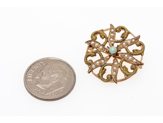 10k Yellow Gold Pretty Antique Seed Pearl And White Opal Circle Brooch