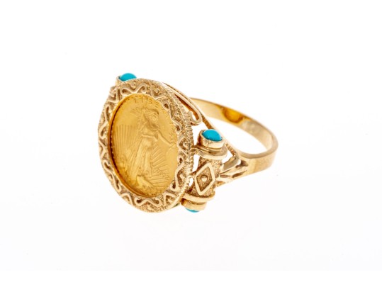 14K Yellow Gold Greek Revival Gold Liberty 1/20 $5 Coin Ring With Cabachon Turquoise, Ring Size 10