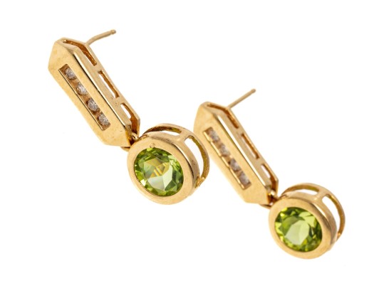 14K Yellow Gold Contemporary Peridot And Diamond Drop Earrings