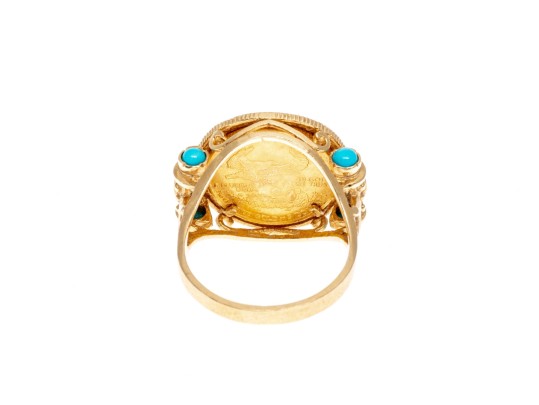 14K Yellow Gold Greek Revival Gold Liberty 1/20 $5 Coin Ring With Cabachon Turquoise, Ring Size 10