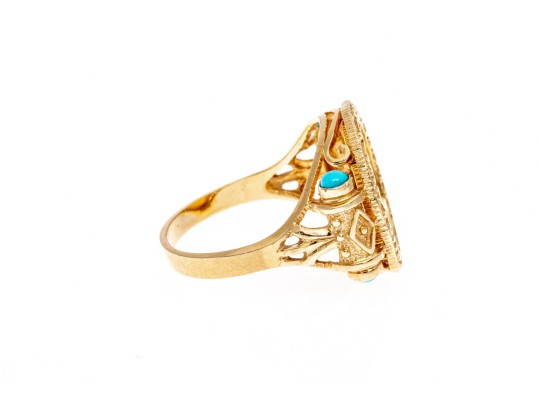 14K Yellow Gold Greek Revival Gold Liberty 1/20 $5 Coin Ring With Cabachon Turquoise, Ring Size 10
