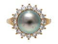 14k Yellow Gold Striking Grey Cultured Freshwater Pearl And CZ Halo Ring, Size 8